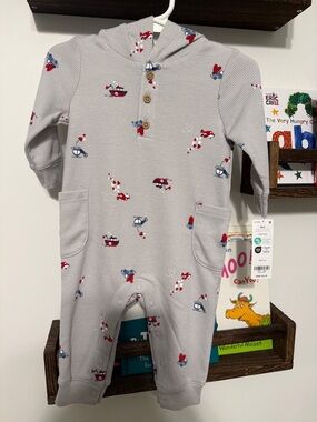 Carter's Gray Hooded Waffle-Knit One-Piece with Red & Blue Vehicle Print